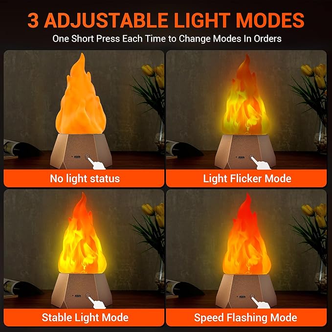 Ollcuz Fake Fire Lamp, USB Rechargeable Flameless Candles with Flickering Flame, 3-Mode LED Flame Light for Outdoor Camping Holiday Halloween Christmas Thanksgiving Table Yard Decorations