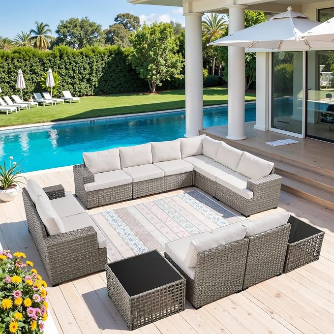 Belord Patio Conversation Set - 10-Seater Modular Wicker Outdoor Sectional Sofa Set, High Back Patio Furniture Sets with Glass Coffee Table for Outdoor Gatherings