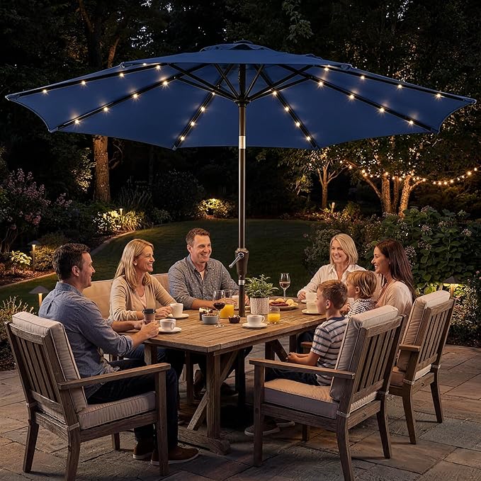 Garvee 10FT Patio Umbrella with 32 Solar LED Lights, Outdoor Table Market Umbrella with Tilt and Crank, 8 Sturdy Iron Ribs Sun Shade for Garden, Deck, Backyard and Pool, Navy Blue