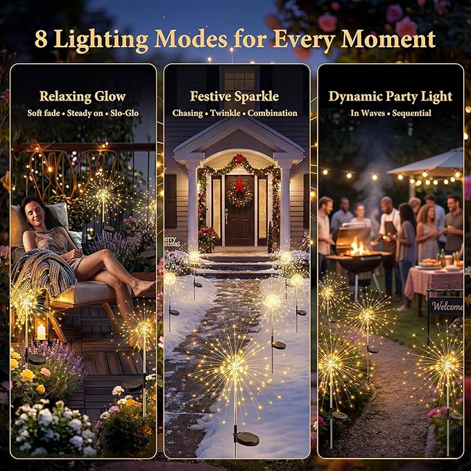 Solar Firework Lights, 8 Pack 120 LEDs 8 Lighting Modes Twinkle Solar Garden Lights Outdoor Waterproof for Yard Patio Walkway Pathway Party Wedding Balcony Decorative- Warm White