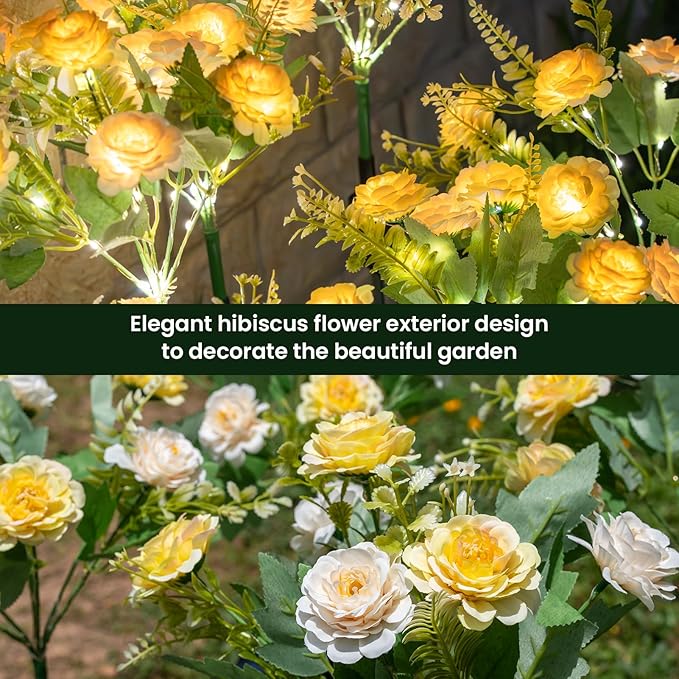 2 Pack Solar Garden Lights Outdoor, 42" Tall 42 LEDs Hibiscus Solar Flower Lights, IP65 Waterproof Decorative Landscape Lighting for Pathway Patio Yard Walkway Decor (Warm White)