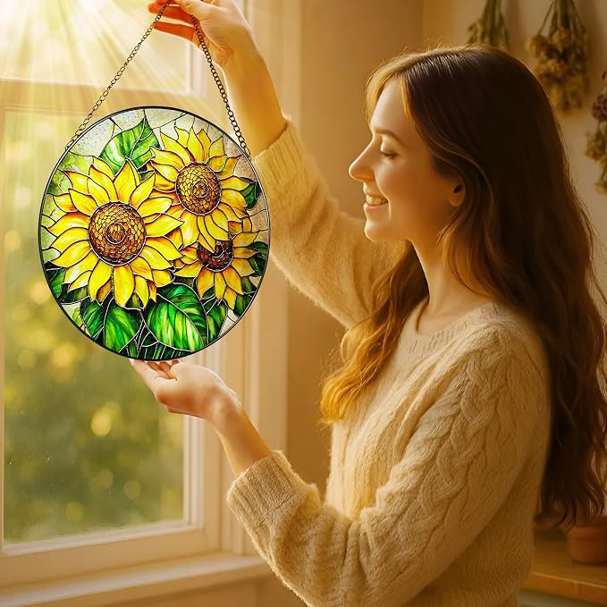 Sunflower Stained Glass Suncatcher, 8 Inch Sun Catchers Indoor Window, Stained Glass Window Hanging, Windows Dedor and Christmas, Mother's Day, Birthday, Gifts for Women Mom, Idea Gift, Gift Exchange