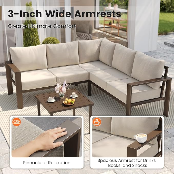 UDPATIO 6 Piece Patio Furniture Set, Metal Outdoor Sectional Sofa with 6" Thick Olefin Cushions, Wide Armrest & Coffee Table, L Shaped Outdoor Furniture for Garden, Backyard Beige