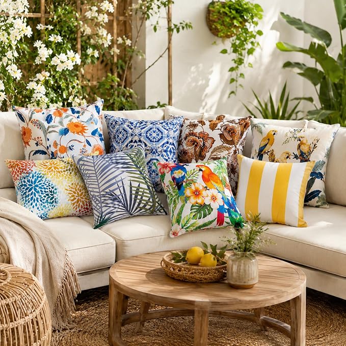 2pcs Outdoor Decor Pillows, Insert and Cover, Waterproof & Fade-Resistant Patio Couch Cushions for Garden, Porch, Poolside Sofa (Bamboo Leaf, 18x18in)