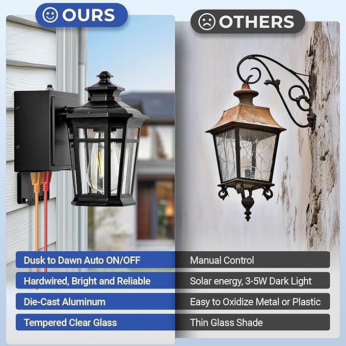 Gleamz Black Dusk to Dawn Outdoor Lighting with GFCI Outlet, Exterior Light Fixtures with Outlet, 9in H Lantern Wall Mount Aluminum Waterproof Anti-rust, Outside Lights for House, Proch, Patio, Garage