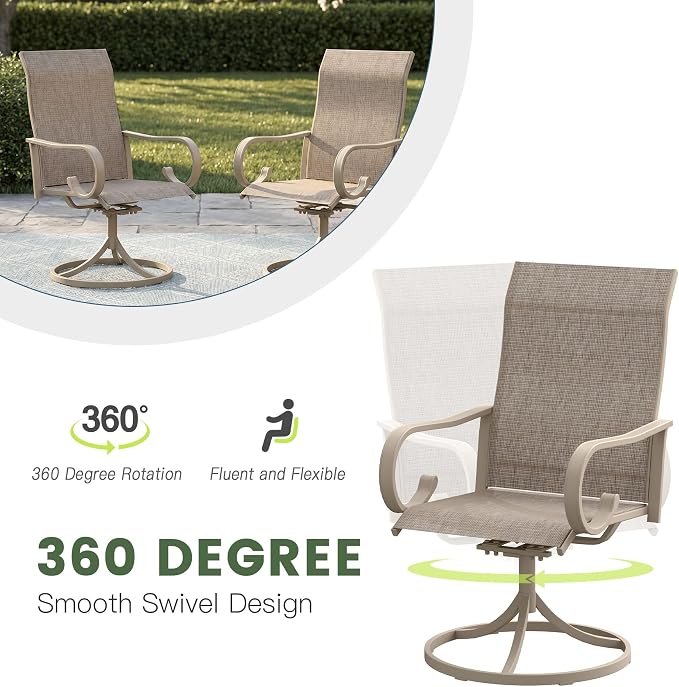 7 Pieces Patio Dining Set, 6 Outdoor Swivel Dining Chairs with 63" Rectangle Metal Outdoor Dining Table with Umbrella Hole for Garden Backyard Deck, Sandshell