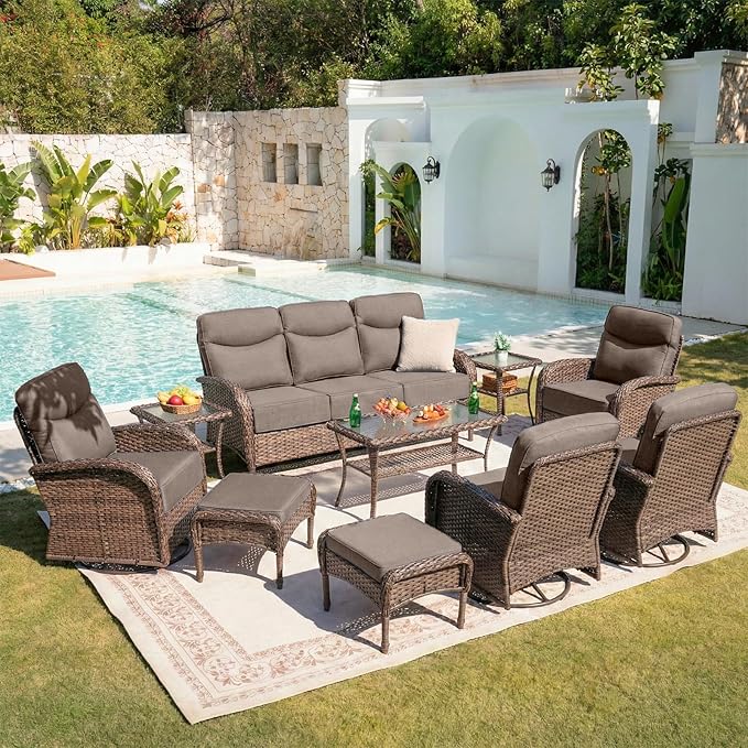 Belord Upgraded 6“ Cushion Luxury 10 Piece Patio Furniture Set - All Weather Wicker Outdoor Furniture with Swivel Rocker Patio Chairs, High Back Conversation Set for Deck Yard Porch - Brown/Grey