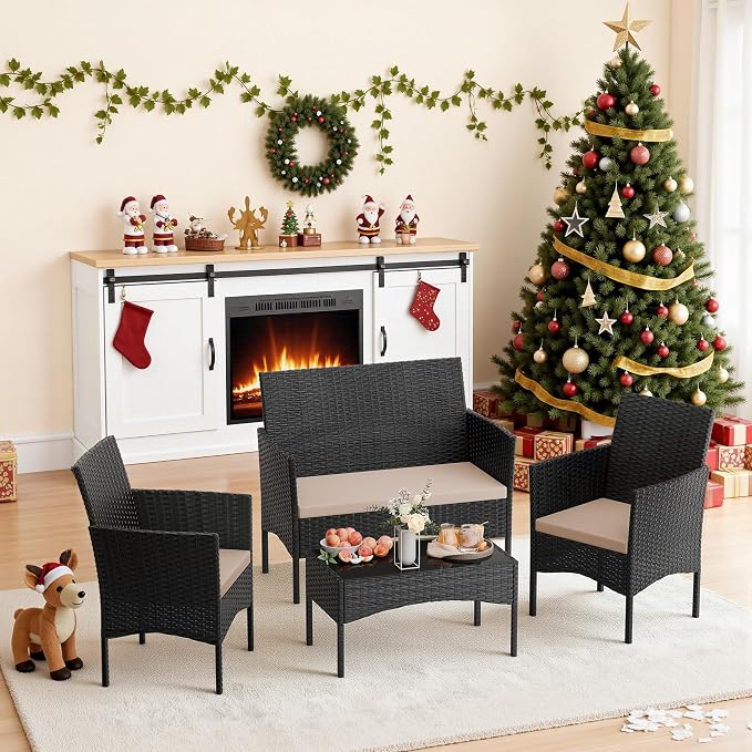 4 Pieces Patio Furniture Set Outdoor Conversation Set Rattan Furniture Set Wicker Chairs and Sofa with Glass Table for Porch Pool Backyard Garden Sand