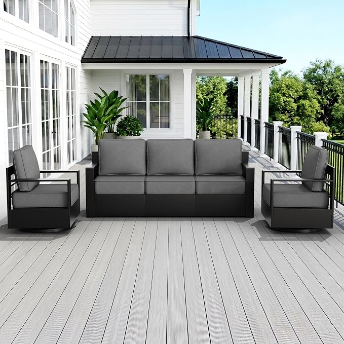 Outdoor Patio Furniture Set, 3-Piece Aluminum Patio Conversation Set All-Weather Metal Outdoor Sectional with 6 Inch Thick Cushions, Deep Setting for Garden, Outside and Porch, Grey