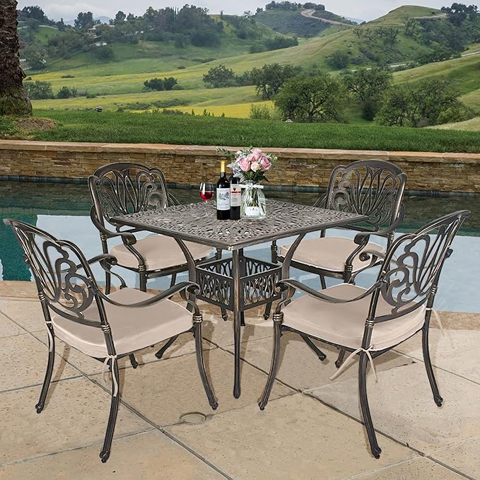 TITIMO 5-Piece Outdoor Patio Dining Set, Cast Aluminum Patio Furniture Set, 4 Chairs with Khaki Cushions and 35.4" Square Table, Cast Aluminum Conversation Set for Yard, Garden, Porch, Poolside