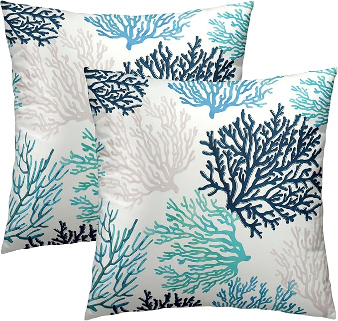 Blue Coral Throw Pillow Covers 18x18 Set of 2 - Summer Beach Nautical Coastal Themed Farmhouse Square Pillowcases for Couch Porch Sofa Bed Indoor and Outdoor