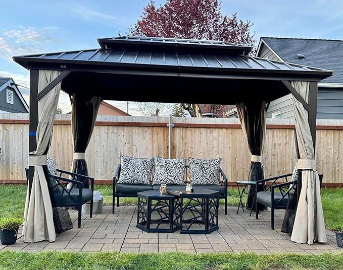 PURPLE LEAF 12’ X 14’ Outdoor Hardtop Gazebo Metal Frame Galvanized Steel Double Roof with Curtains and Nettings for Patio Desk Backyard Bronze
