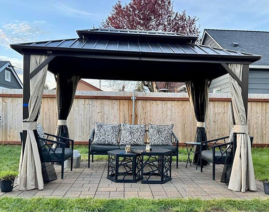 PURPLE LEAF 12’ X 14’ Outdoor Hardtop Gazebo Metal Frame Galvanized Steel Double Roof with Curtains and Nettings for Patio Desk Backyard Bronze