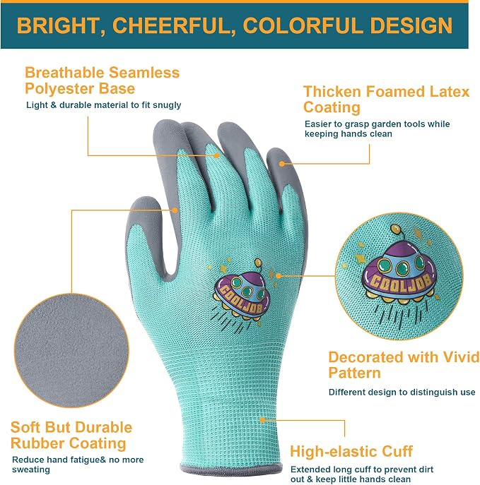 COOLJOB 36 Pairs Kids Gardening Gloves for Little Kid Age 9-12, Toddler Boys Girls Grippy Rubber Coated Children Work Gloves, Assorted Colors, Large