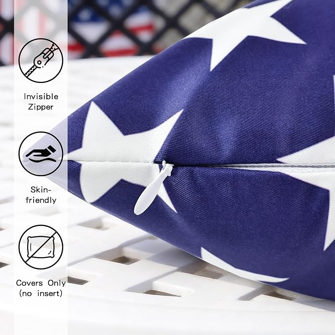 4th of July Pillow Covers 18x18 Inch Set of 2 | Patriotic Outdoor Throw Pillow Covers, American Star Red Blue Stripe Decorative Cushion Case for Independence Memorial Day