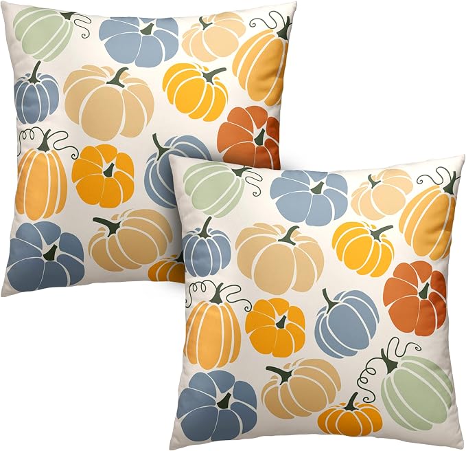 Autumn Outdoor Pillow Case Fall Throw Pillow Covers 24x24 Set of 2 Orange Yellow Blue Pumpkins Pillow Covers Cotton Blend Cushion Case for Couch Patio Bed Car