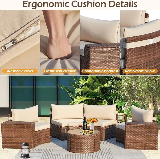 ECOTOUGE 8-Piece Half-Moon Curved Patio Furniture Set with Fire Pit Table, Wicker Rattan Sectional Sofa with Thick Cushions, Outdoor Conversation Set for Backyard Garden No Tank Cover(Beige, White)