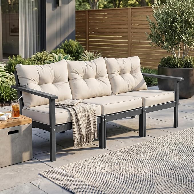 3 Seat HDPE Patio Sofa, Outdoor Couch with Thick Cushions, Patio Furniture | Water-Resistant Thick Cushion, HDPE All Weather, Wood-Grain, No Rot or Rust or Crack, UV Fade Shield, Easy-Clean for Outside