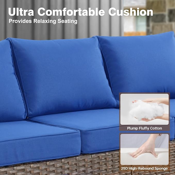 ovios 8 Pieces Patio Furniture Set, Outdoor Wicker Sofa Couch with 54" Fire Pit Table Comfy Cushions, All Weather Brown Rattan Conversation Set for Backyard Deck, Navy Blue