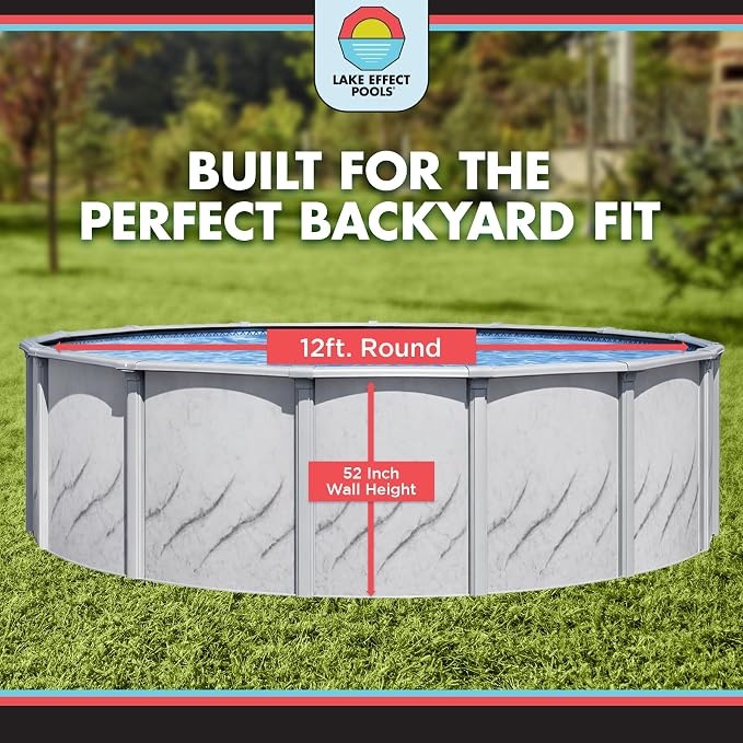 Lake Effect Pools 'Galleria' 12 ft Round Above Ground Swimming Pool | 52 Inch Steel Side Walls | Kit Includes: 25 Gauge Overlap Liner & Widemouth Skimmer
