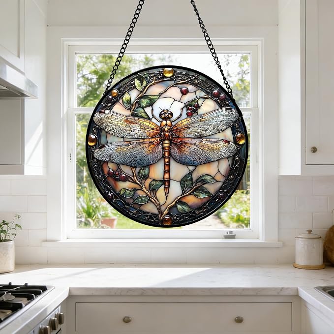 DASTOLL Stained Glass Window Hanging - Dragonfly Plant Suncatcher Ready to Hang Window Doors Home Decoration, Christmas, Mother's Day Birthday Gifts for Women, Men, and Mom 14.9x14.9 in