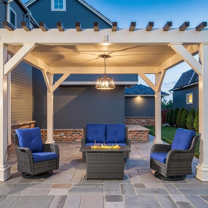 Belord 4 Piece Patio Wicker Furniture Set, Outdoor Swivel Rocker Chairs, All Weather Outdoor Patio Loveseat Set with Fire Pit Table for Deck Porch, Gray Wicker/Blue