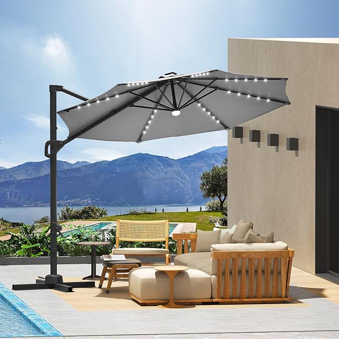 Garvee Cantilever Patio Umbrella 10ft Large Round Umbrella Outdoor Market Umbrellas 360°Rotation Offset Hanging Outdoor Shade for Patio
