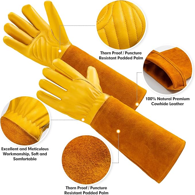 Acdyion Thorn Proof Gardening Gloves for Men & Women, Butter Yellow, S | Long Puncture-resistant Cowhide Leather Gauntlets for Rose Pruning, Cacti, and Yard Work