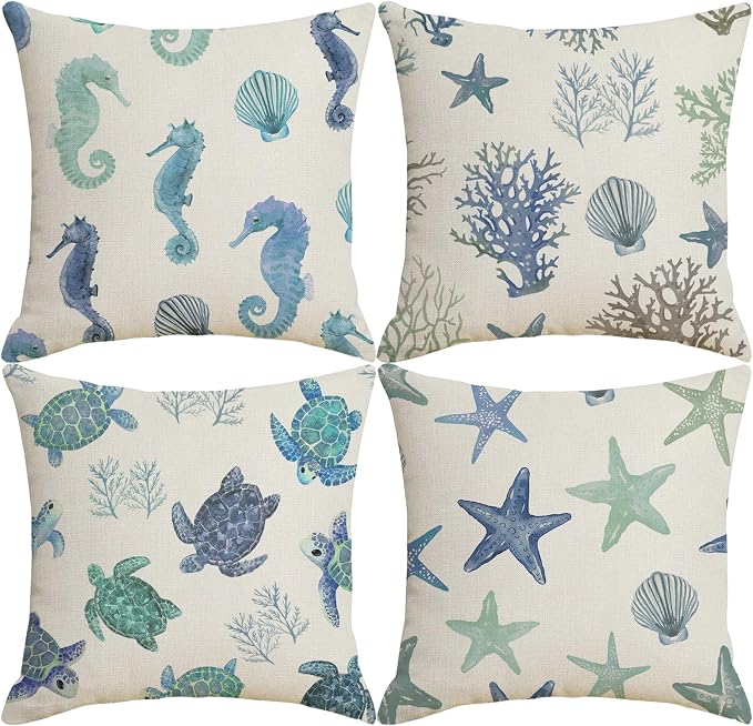 Waterproof Coastal Throw Pillow Covers 18x18 inch Set of 4 Starfish Seahorse Outdoor Pillow Cases Blue Sea Coral Decorative Cushion Covers for Patio Sofa Chair