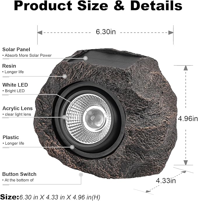 Candieslife Solar Rock Lights Outdoor Garden Waterproof - Super Bright LED Solar Spotlights, Solar Powered Landscape Path Decorative Garden Stone Lights for Pathway, Walkway, Yard, Patio (2 Pack)