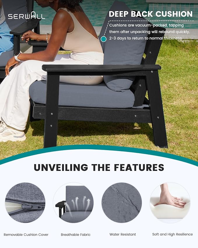SERWALL HDPE Outdoor Couch, Black Frame and Grey Cushion
