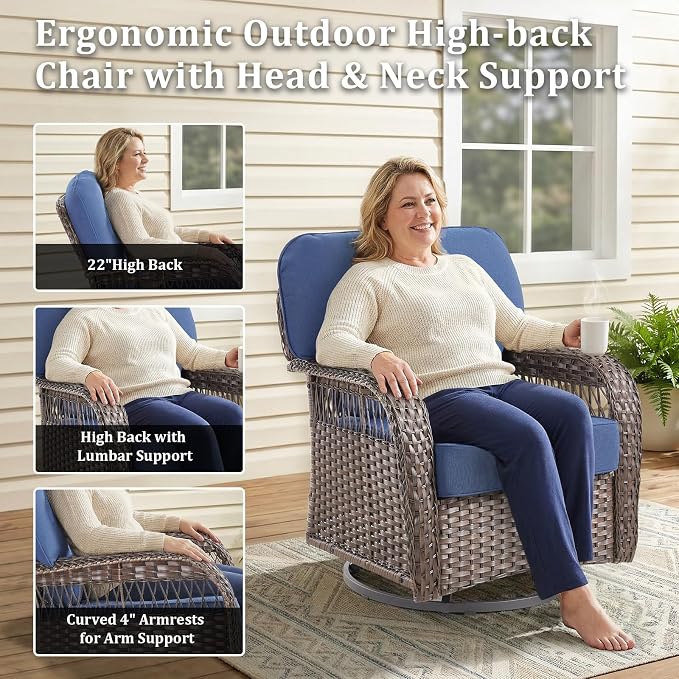 7 PCS Patio Furniture Set Outdoor Sectional Sofa Couch with Rocking Swivel Chairs 5" Deep Seat Chairs, Modern Wicker Rattan Conversation Set, Blue/Brown Wicker