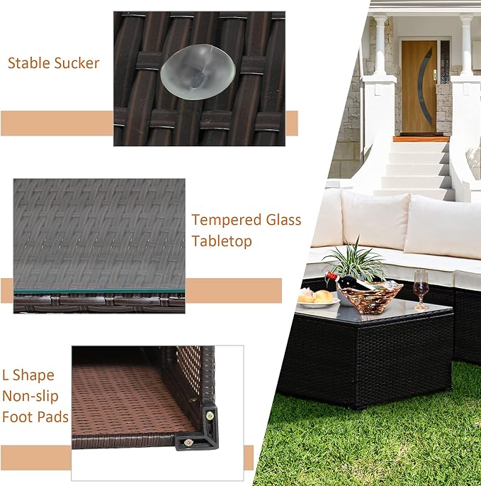 Tangkula 6 Pieces Patio Furniture Set, Outdoor Rattan Sofa Set, Wicker Conversation Set w/Tempered Glass Coffee Table & Cushions, Sectional Sofa Set for Backyard, Garden, Balcony, Poolside (Beige)