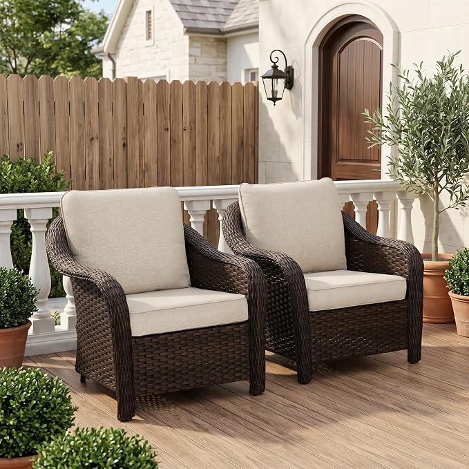 Outdoor Wicker Chair Set of 2, All-Weather Use Patio Rattan Chair with Seat and Back Cushion, Ideal for Porch, Backyard, Balcony, Poolside, Beige