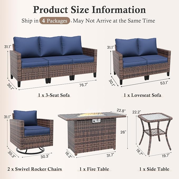 Amopatio Patio Furniture Set with Fire Pit Table, Wicker Outdoor Sectional Sofa with Swivel Rocker Chairs, All-Weather Rattan Conversation Set, Waterproof Cover for Backyard, Deck Brown/Navy 6 PCS