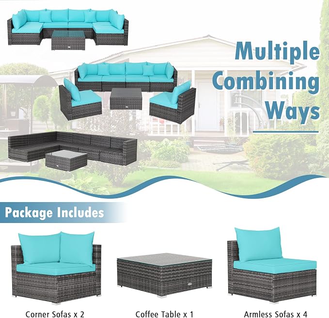 Tangkula 7 Pieces Wicker Patio Furniture Set, All-Weather Outdoor Rattan Sectional Sofa Set with Cushions & Tempered Glass Coffee Table, Outside Sofa Set for Garden, Lawn, Deck, Backyard (Turquoise)