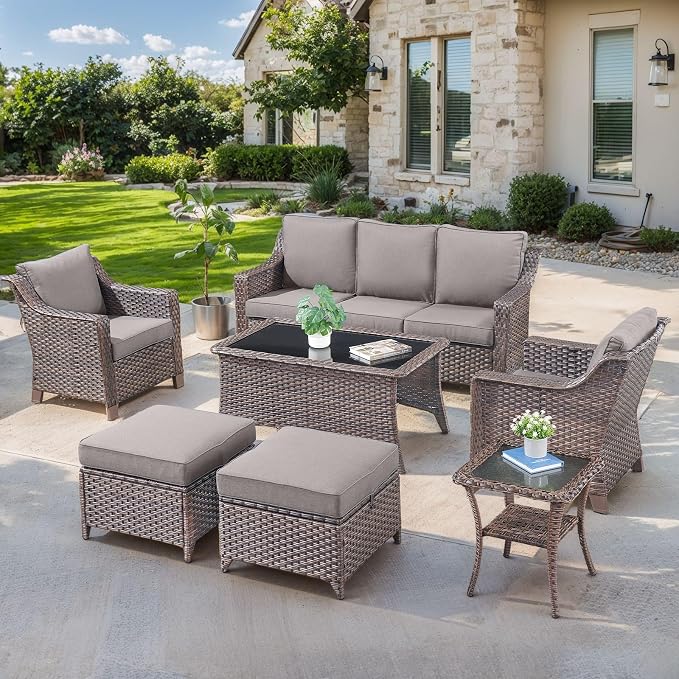 Patio Furniture Set-7 Pieces Outdoor All-Weather Wicker Conversation Set Outdoor Rattan Sofa Couch with Patio Chairs Ottomans for Porch Garden Backyard Poolside-Brown/Grey