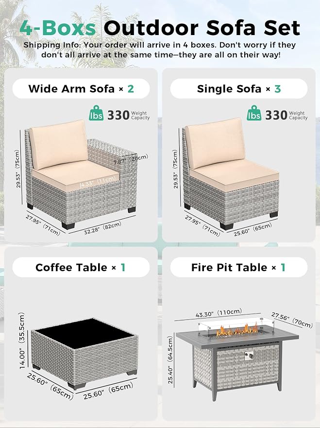 7 Piece Outdoor Wicker Sectional Sofa Set with Fire Pit Table, 5-Seats Conversation Set with 4" Thickened Cushions & Coffee Table, All-Weather PE Rattan for Garden, Backyard, Porch, Beige
