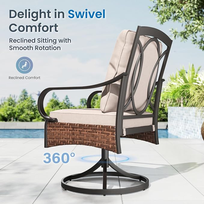 PHI VILLA Swivel Patio Dining Chairs Wicker Chairs Set of 6 with Cushions | Heavy Duty Outdoor Metal Wicker Dining Chair with Padded Cushions, Large All Weather Wrought Iron Patio Chair for Balcony