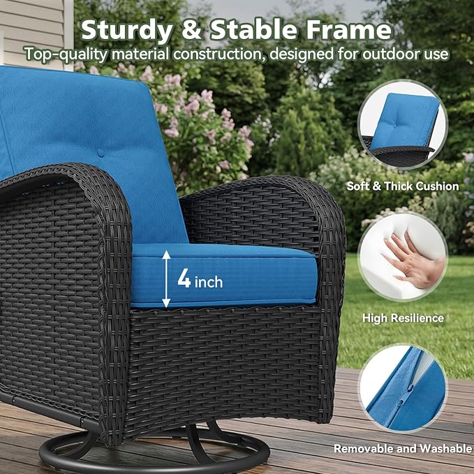 Aoxun 10 Piece Outdoor Patio Furniture Set with Coffee Table, Wicker Rattan Outdoor Furniture with High Back Swivel Rocker Chairs, Outdoor Conversation Set with Thick Cushion & Ottoman, Peacock Blue