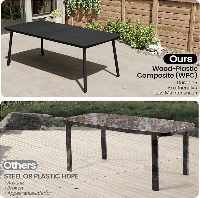 82" Outdoor Dining Table for 8 Aluminum Patio Table | Rectangle Black Table with Umbrella Hole and Wood Grain Tabletop for Lawn Backyard Garden