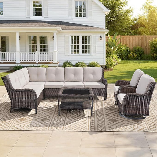 Belord Patio Furniture Set 6 Seats, Outdoor Swivel Rocker Patio Chairs, Oversized Outdoor Sectional Couch, Two 3-Seater Sofas with Coffee Table, Ideal for Porch, Deck, Brown Wicker/Beige