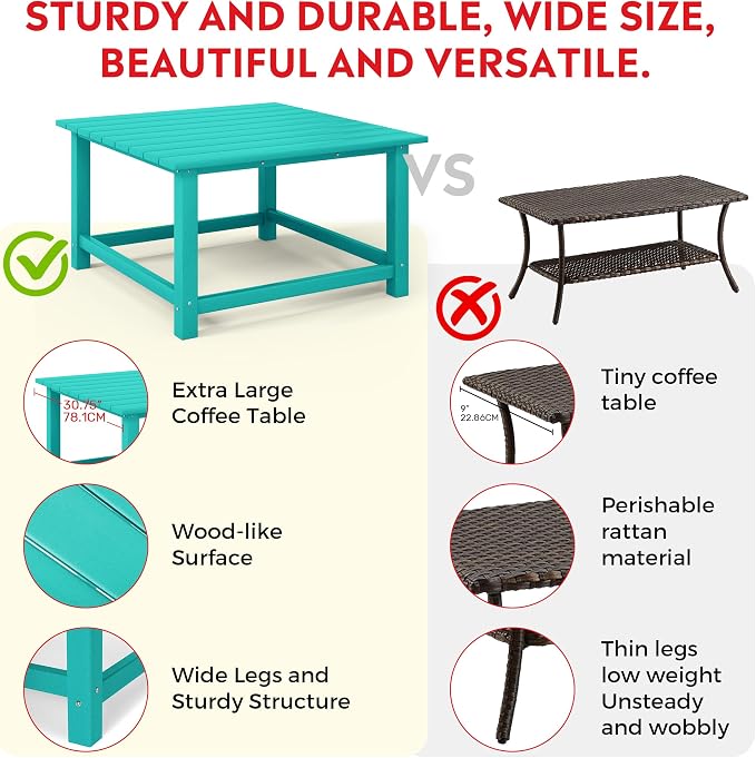 Costaelm Patio Conversation Set, 5 piece Balcony Furniture, Small Patio Firepit Furniture Outdoor Adirondack Square Coffee Table and Chair for Backyard Lawn Porch Pool Garden, Turquoise