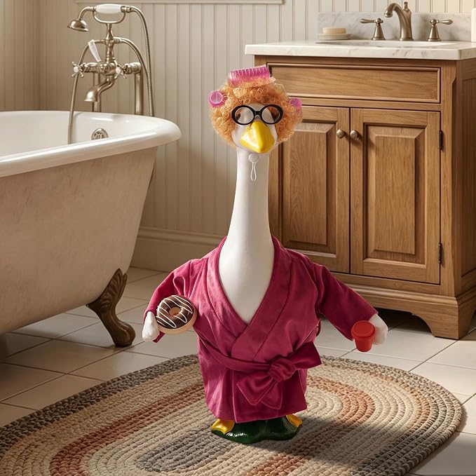 Porch Goose Robe Outfit Set for 23 Inch Goose Statue, Pink Flannel Bathrobe with Wig Curlers Coffee Cup Donut Glasses, Funny Home Relaxing Goose Clothes Decor (Pink)