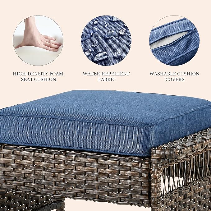 Patio Furniture Set - 2 Wicker Chairs with 2 Rattan Ottomans, 1 Wicker Side Table, Brown & Blue Cushions - 5pc Conversation Set for Garden, Balcony & Backyard