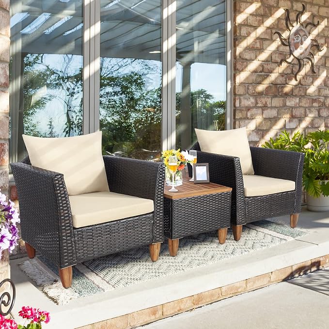 Tangkula 3-Piece Patio Furniture Set, Patiojoy Outdoor PE Wicker Bistro Set with Soft Cushions and Solid Acacia Wood, Outdoor Conversation Set with Porch, Balcony and Garden (Beige)