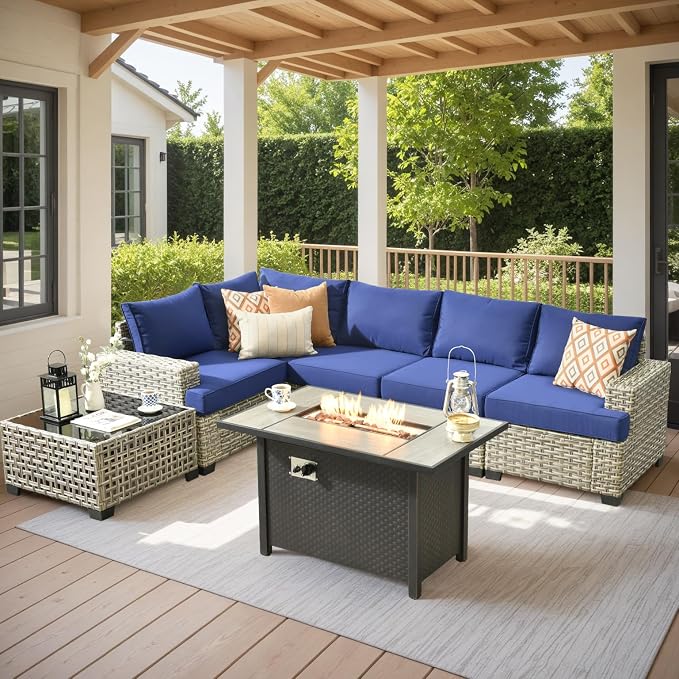 7 Pcs Outdoor Sectional Patio Furniture Set with Fire Pit Table - All Weather Wicker Modular L Shaped Outside Sectional Couch,Patio Seating Outdoor Conversation Sets for Deck Yard Garden,Navy Blue