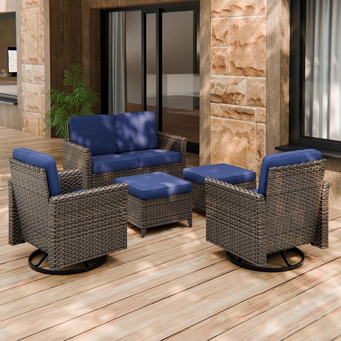 COOS BAY Harbor Retreat 5 Piece Outdoor Furniture Set, Patio Conversation Set with Swivel Rocking Chairs, 2 Seat Loveseat and Ottomans, Wicker Furniture, Brown/Blue
