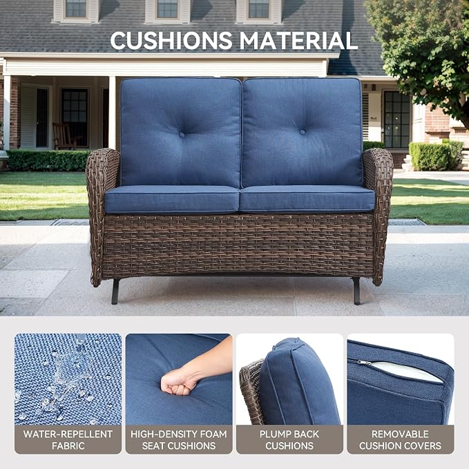 Patio Loveseat Wicker Loveseat Rattan Glider Sofa with Curved Armrest Thicking Back & Seat Cushions for Garden Balcony Backyard Brown Wicker|Blue Cushions (B) Patio Loveseat Glider