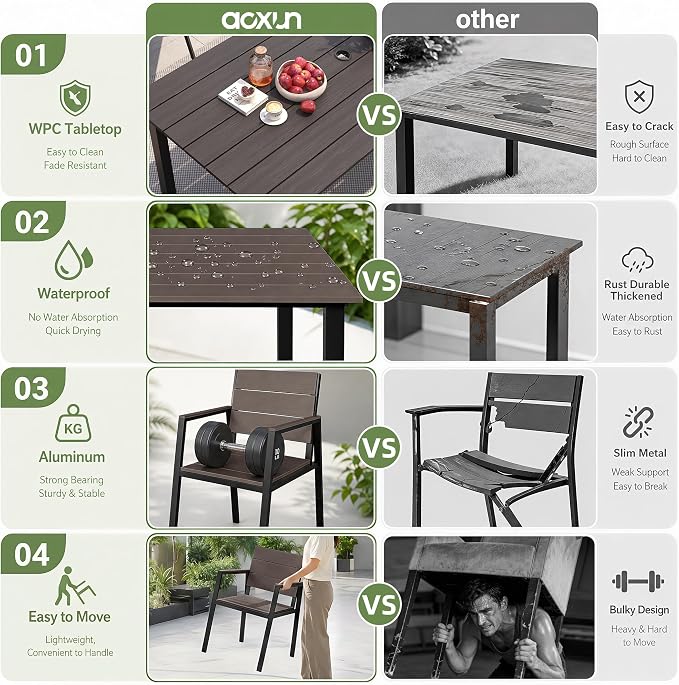 Outdoor Table and Chairs for 4 Aluminum Patio Dining Set with Umbrella Hole | All Weather,HDPS Material,Oversized,5 Piece,for Backyard,Rot-Fade-Crack Proof,Maintenance-Free,Sturdy,Heavy-Duty,Chocolate